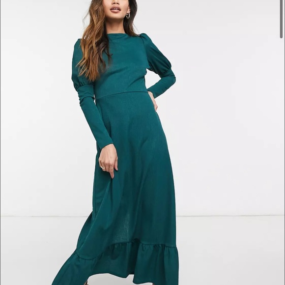 Puff Sleeve Satin Midi Dress 